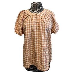 Hayden Los Angeles‎ Women's Plaid Gingham Shirt Tan White Popover Puff Sleeve M